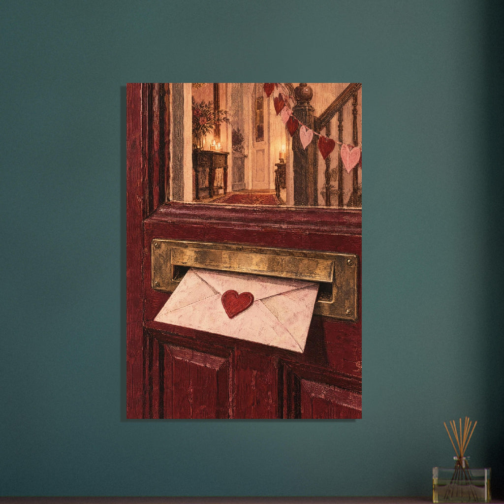 Heart-sealed envelope in a brass letterbox on a burgundy door, with candles and heart garlands visible through the glass.