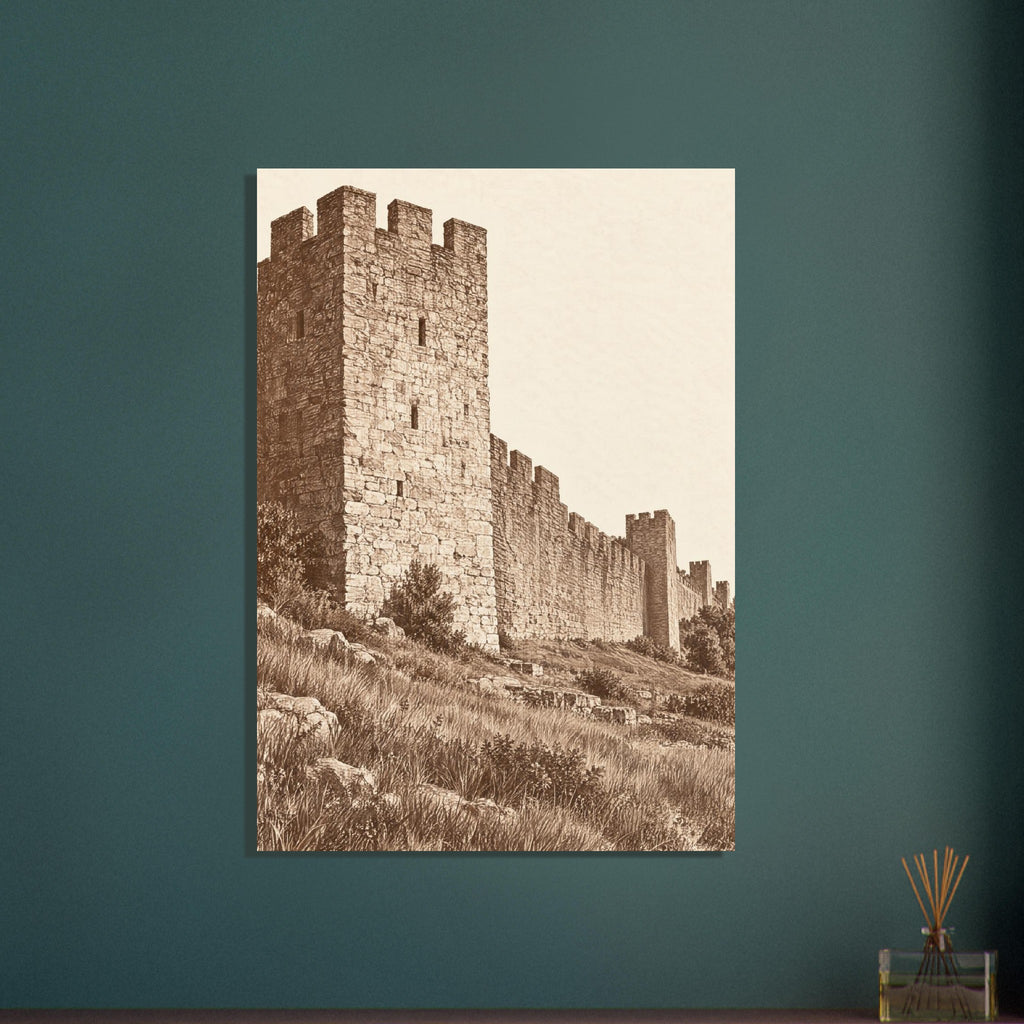 Crenellated stone tower and long fortress wall above rocky grassland, rendered in sepia brown against a cream sky.