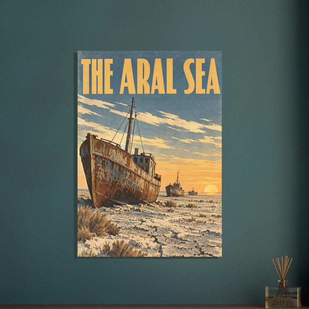 Rusted boats on cracked dry ground beneath a blue and gold sunset sky, with large yellow lettering reading 'The Aral Sea'.