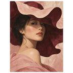 The Scalloped Hat portrays a woman beneath a broad blush hat with an undulating brim and a soft shadow across her eyes.