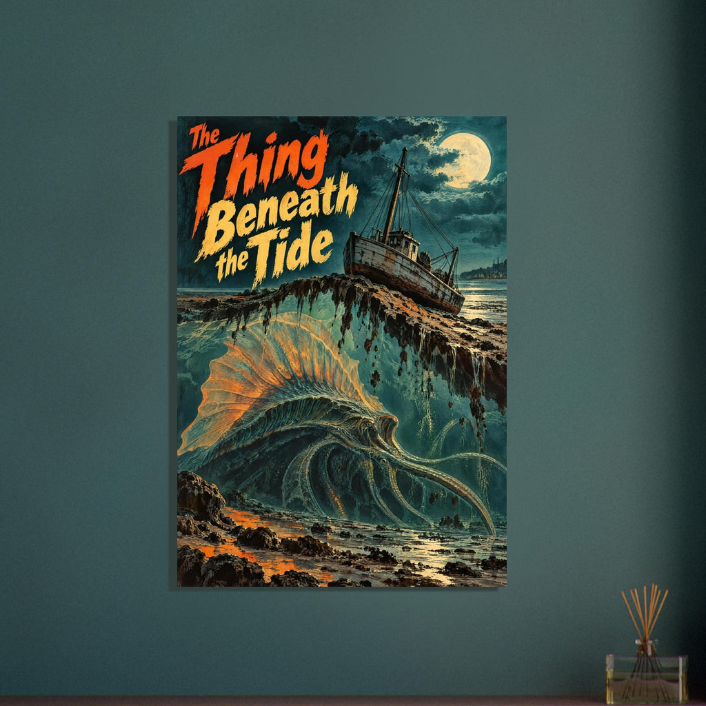 Tentacled sea monster beneath a rocky ledge and boat, with a full moon and lettering reading ‘The Thing Beneath the Tide’.