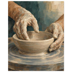 Hands at the Wheel painting of two clay-covered hands shaping a low bowl on a circular pottery wheel against muted teal.