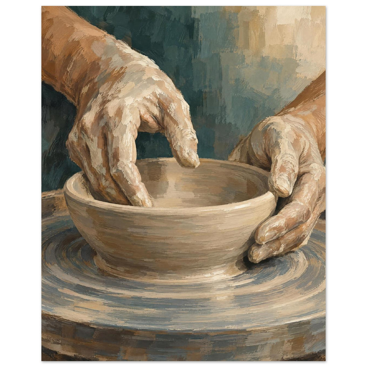 Hands at the Wheel painting of two clay-covered hands shaping a low bowl on a circular pottery wheel against muted teal.