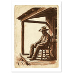 Cowboy On Porch Vintage Art Print – White Border