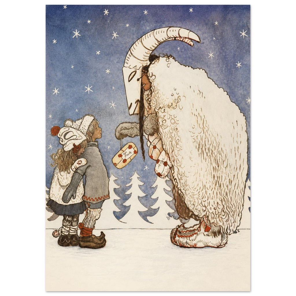 Two children face a figure in a horned goat mask and shaggy cream cloak beneath stars, with parcels and snowy fir trees.