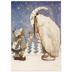 Two children face a figure in a horned goat mask and shaggy cream cloak beneath stars, with parcels and snowy fir trees.
