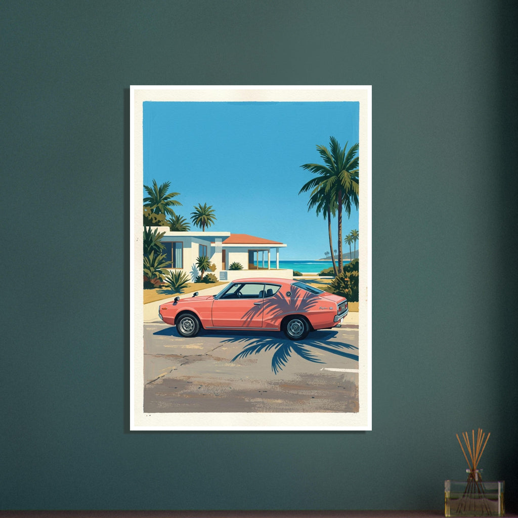 Coral-pink coupé parked beside a coastal house, with palm trees, blue sky, turquoise sea and long palm shadows.