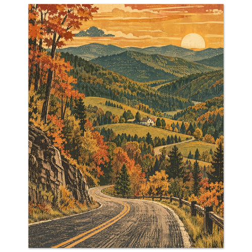 Winding road through orange and gold autumn trees, with a valley house, layered green mountains and a low sun.