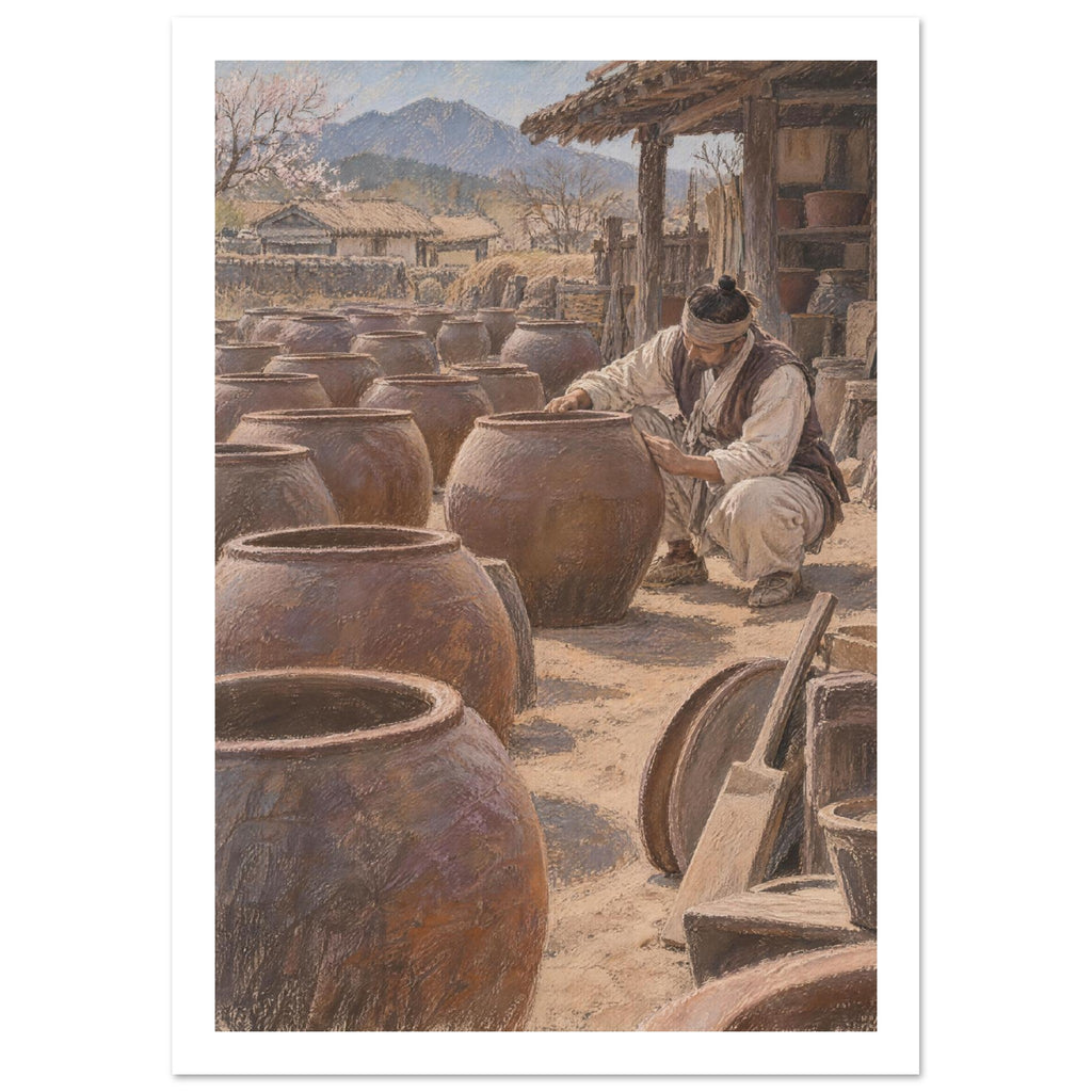 Potter crouching beside large brown clay jars in a rustic courtyard, with timber buildings and mountains beyond.