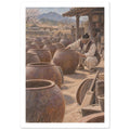 Potter crouching beside large brown clay jars in a rustic courtyard, with timber buildings and mountains beyond.