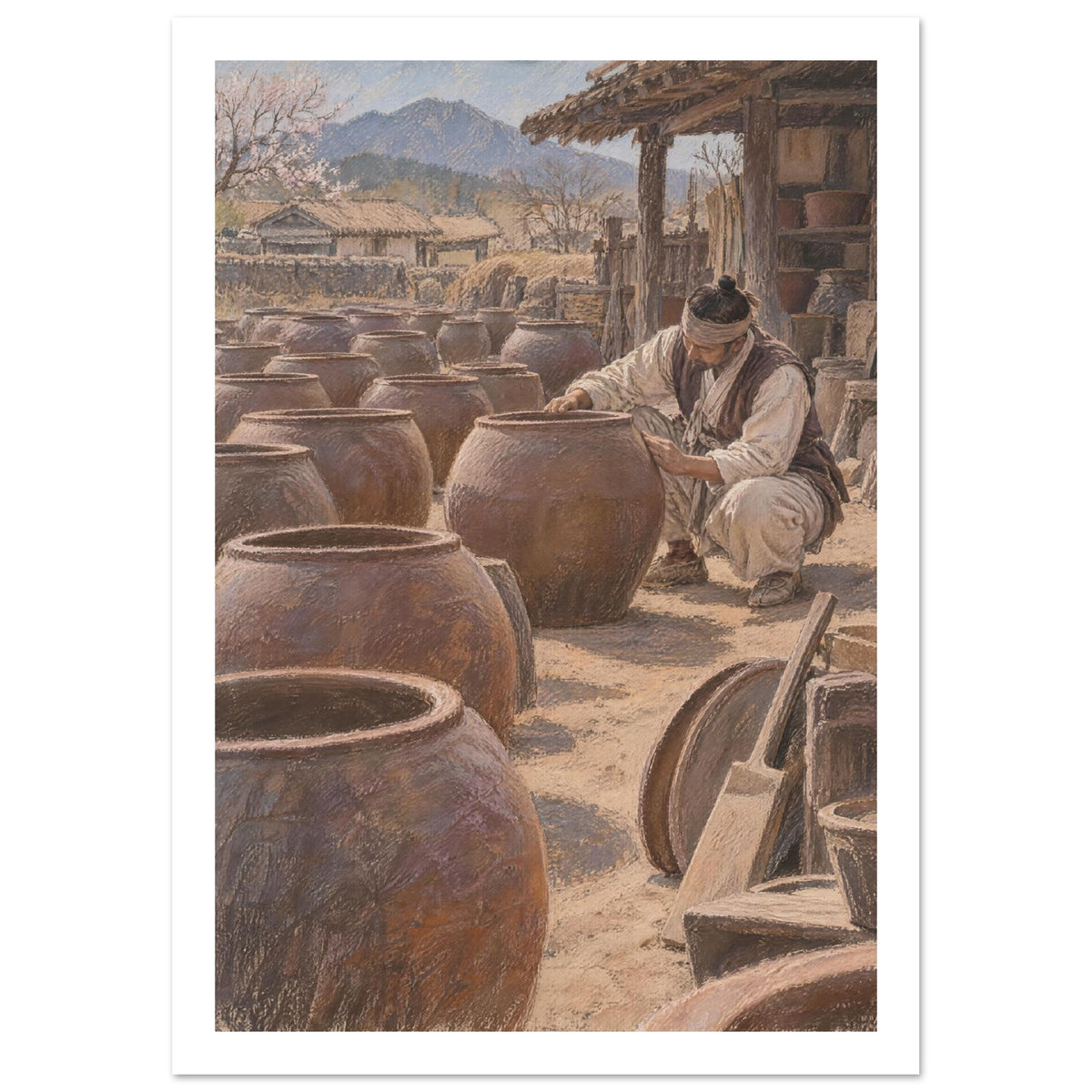 Potter crouching beside large brown clay jars in a rustic courtyard, with timber buildings and mountains beyond.