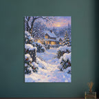 Snowfall Before Supper shows a timber house with amber windows beyond blue and lavender snowdrifts, rendered in broad, thick 