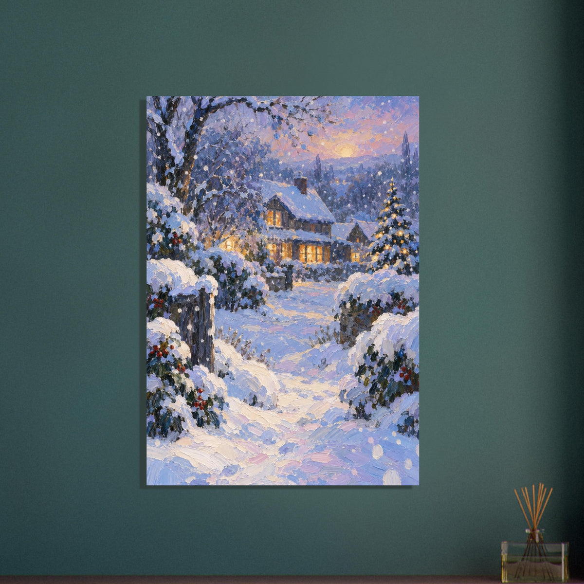 Snowfall Before Supper shows a timber house with amber windows beyond blue and lavender snowdrifts, rendered in broad, thick 