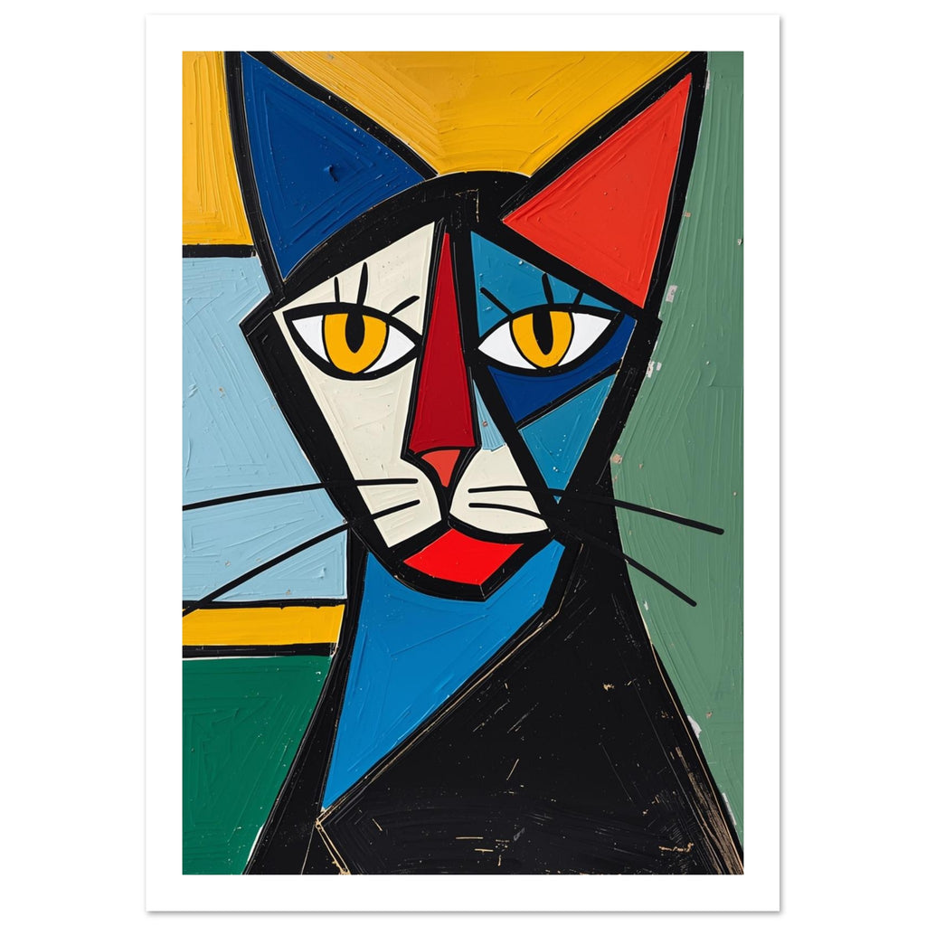 Cubist cat with yellow eyes, angular blue, cream and red features, and black whiskers against a colourful background.