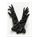 Two long black gloves crossed at the cuffs, with spread fingers and detailed folds against a pale textured background.
