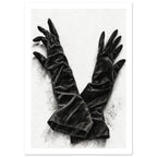 Two long black gloves crossed at the cuffs, with spread fingers and detailed folds against a pale textured background.