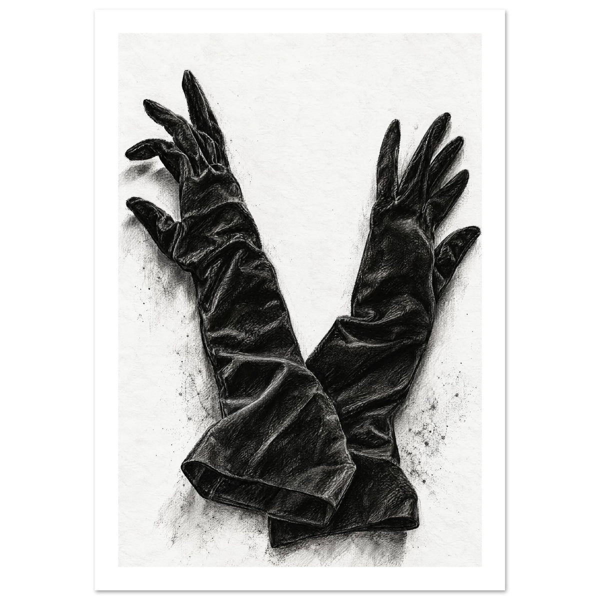 Two long black gloves crossed at the cuffs, with spread fingers and detailed folds against a pale textured background.