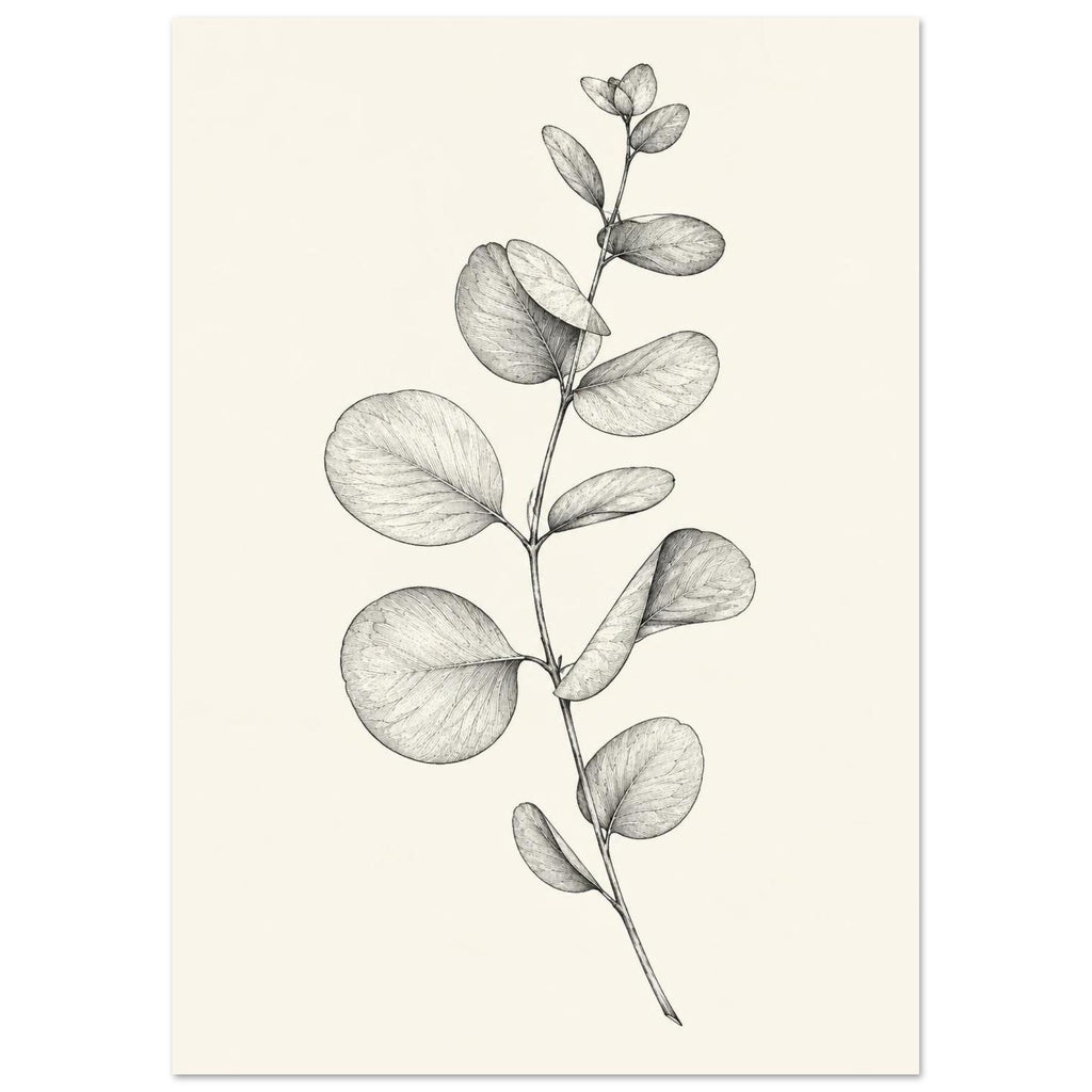 Eucalyptus stem with rounded leaves, fine veins and shaded folds drawn in black and grey on a cream background.