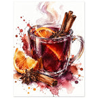 Watercolour glass of mulled wine with cinnamon sticks, star anise and orange slices