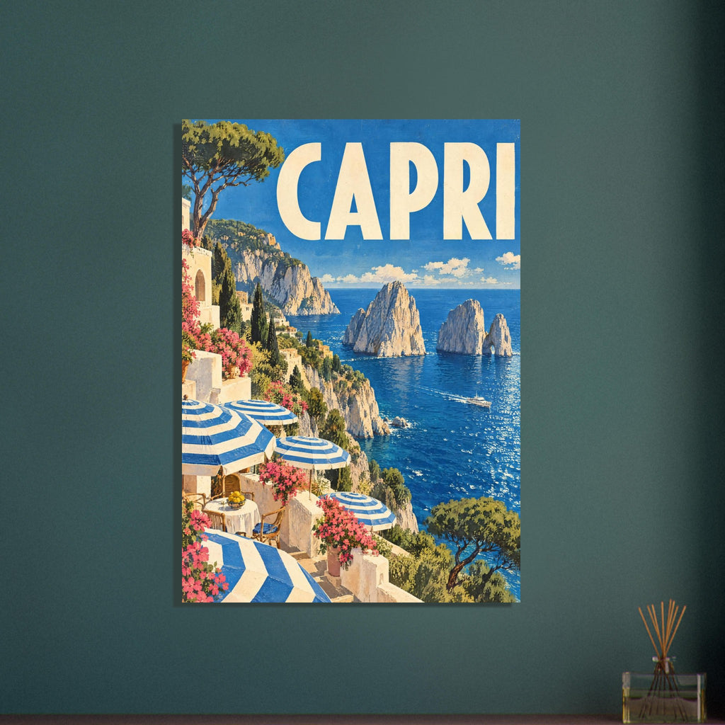 Capri coastal illustration with cream lettering, sea stacks, blue sea, striped parasols and flower-filled terraces.