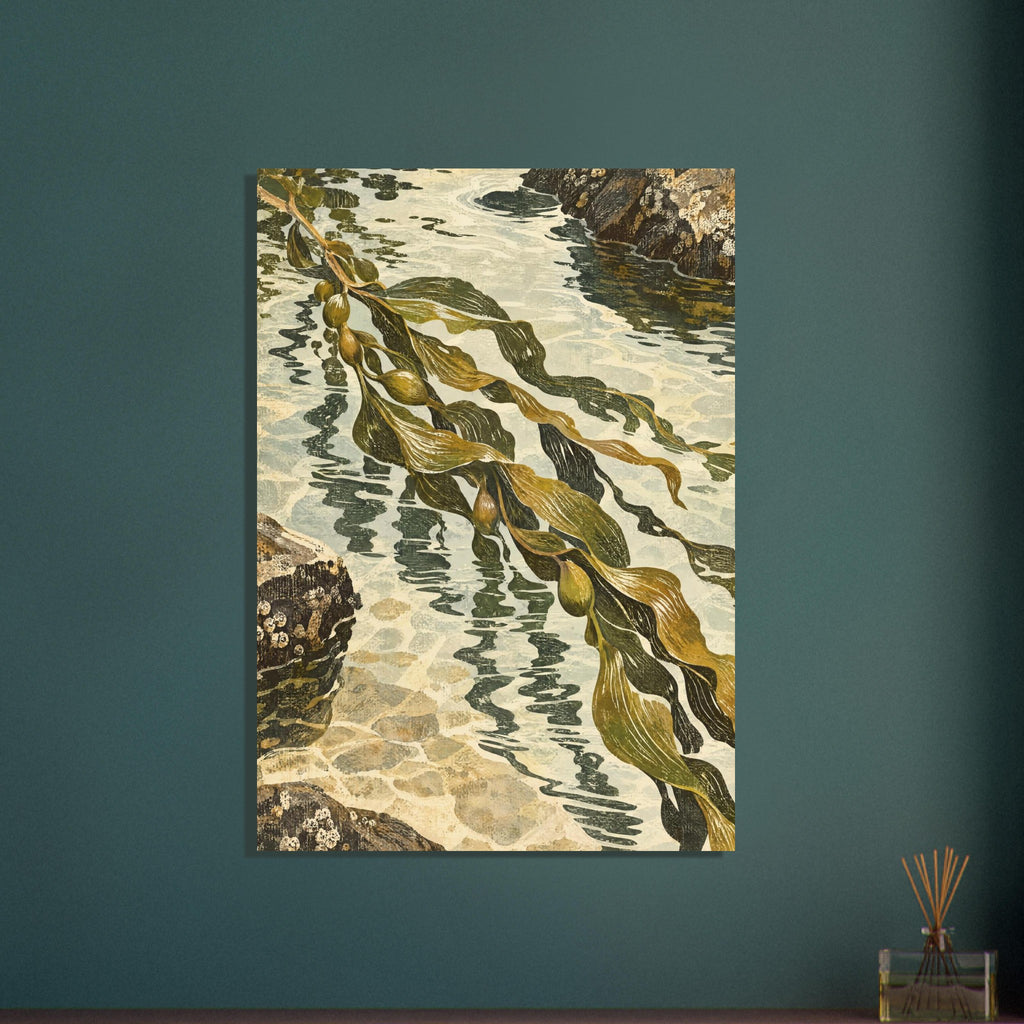 Olive and ochre kelp fronds stretch diagonally across pale rippling water between textured rocks.