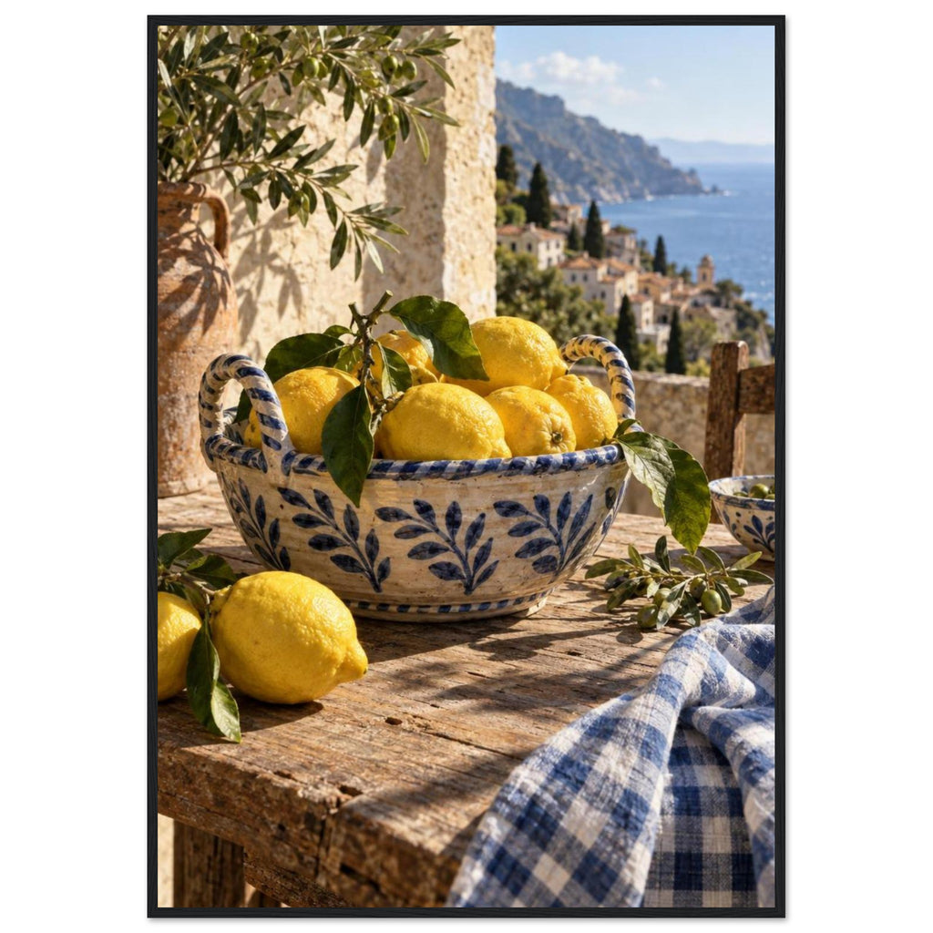 Lemons in a blue-and-white bowl on a wooden table, with olive branches, checked cloth and a coastal village beyond.
