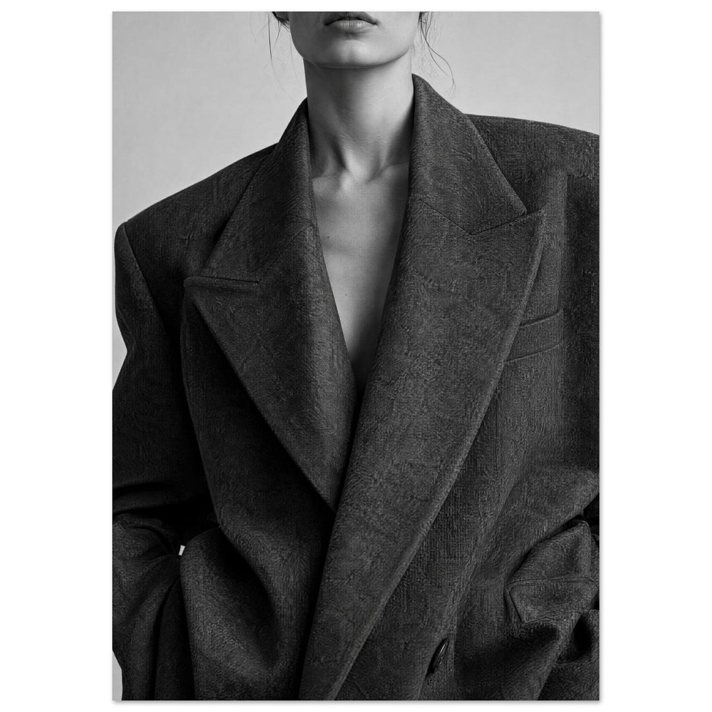 Cropped black and white portrait of a woman wearing a dark oversized blazer with broad lapels against a pale background.