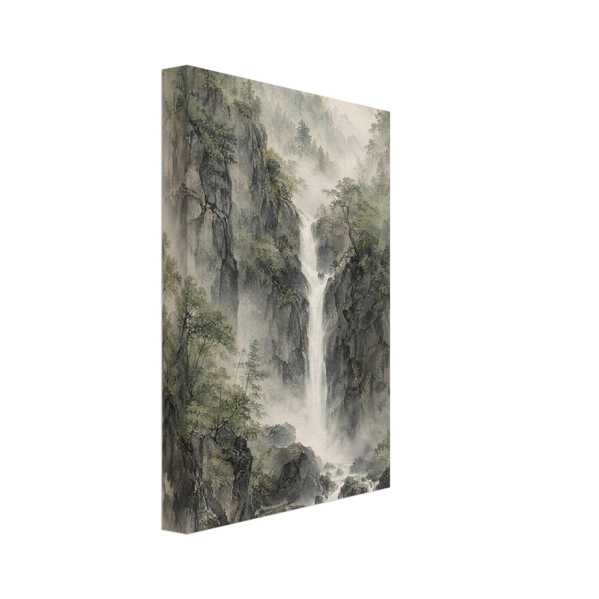 Waterfall cascading between rocky, tree-covered cliffs into a pool, with misty forested hills in muted green and grey.