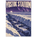 Vostok Station buildings nestled between ice walls beneath a purple sky, stars and aurora, with large cream lettering.