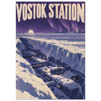 Vostok Station buildings nestled between ice walls beneath a purple sky, stars and aurora, with large cream lettering.