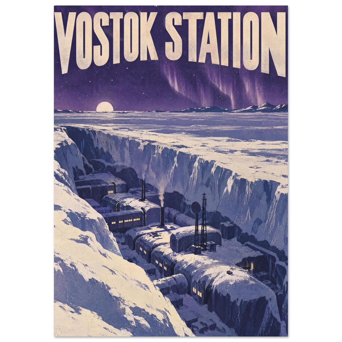 Vostok Station buildings nestled between ice walls beneath a purple sky, stars and aurora, with large cream lettering.