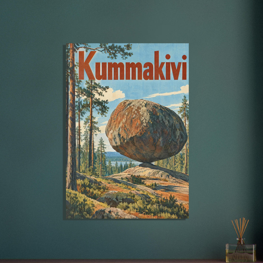Balanced boulder among tall pine trees beneath a blue sky, with large rust-red Kummakivi lettering across the top.
