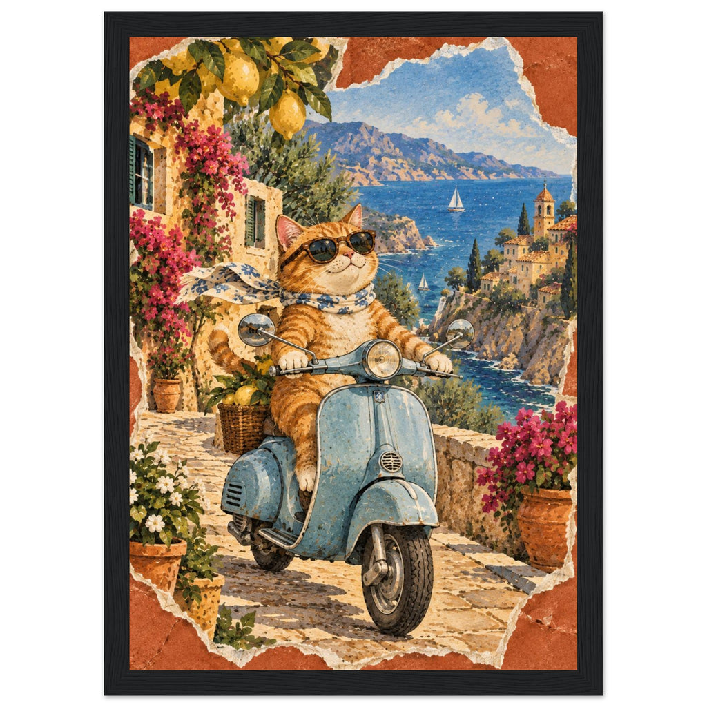 Orange cat in sunglasses and a scarf on a blue scooter, with lemons, flowers, coastal buildings and sailboats behind.