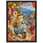 Orange cat in sunglasses and a scarf on a blue scooter, with lemons, flowers, coastal buildings and sailboats behind.