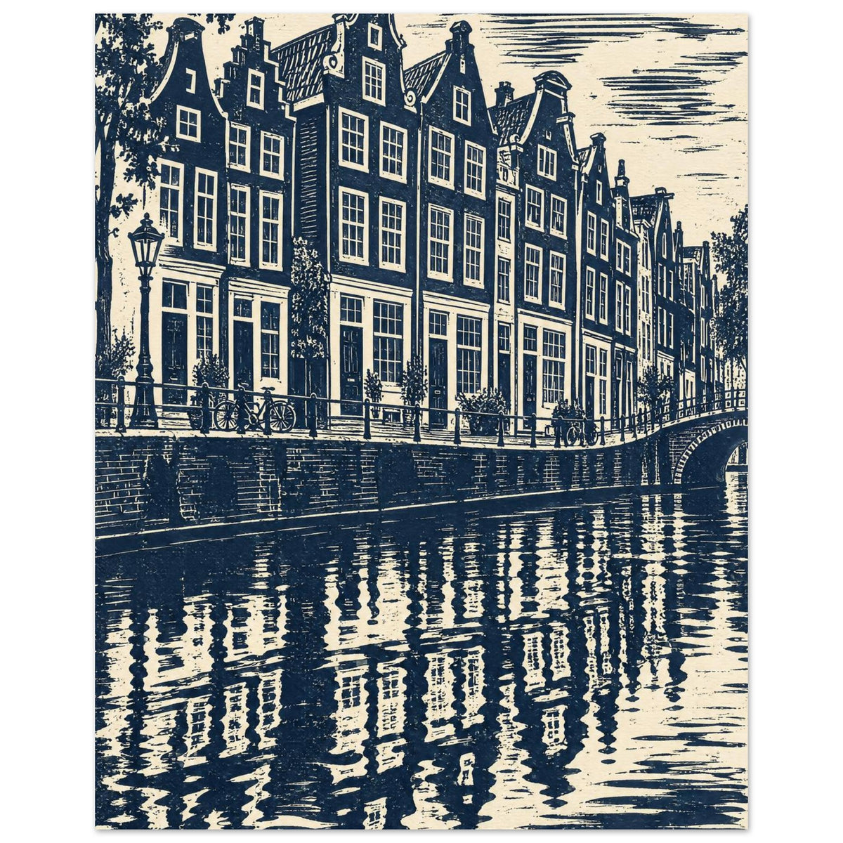 Gabled canal houses in navy and cream, with a street lamp, bicycles, an arched bridge and rippling reflections.