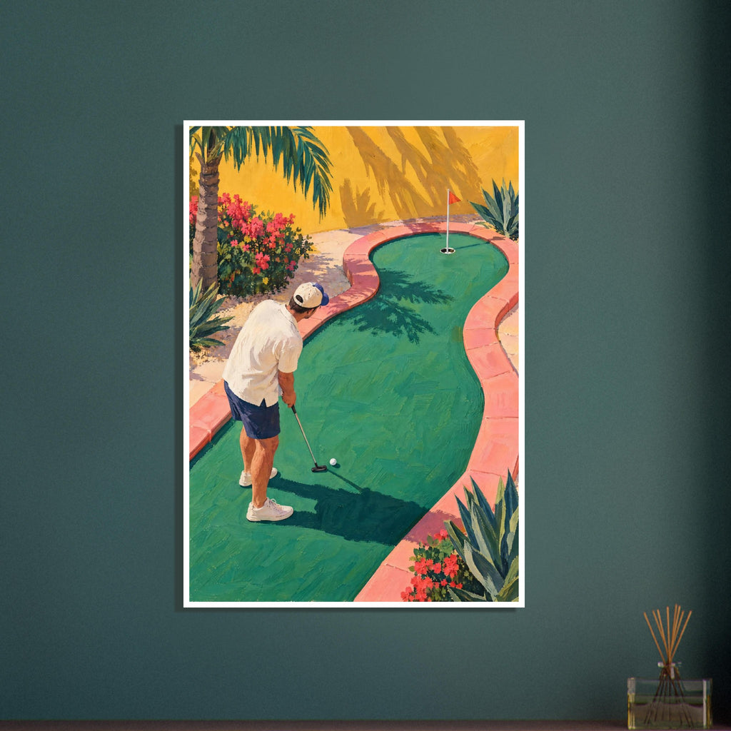 Golfer lining up a putt on a green mini golf course with pink borders, palms, flowers and a yellow wall.