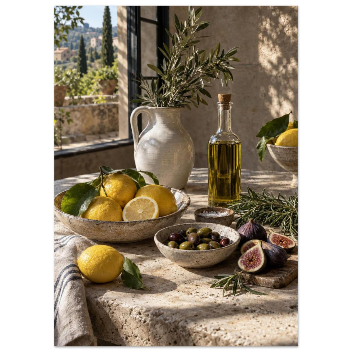 Lemons, olives, figs and a bottle of oil on a stone table beside a ceramic jug of leafy branches and a sunlit window.