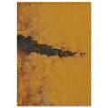 Jagged charcoal band across a mustard ochre field with scraped textures and rusty brown patches.