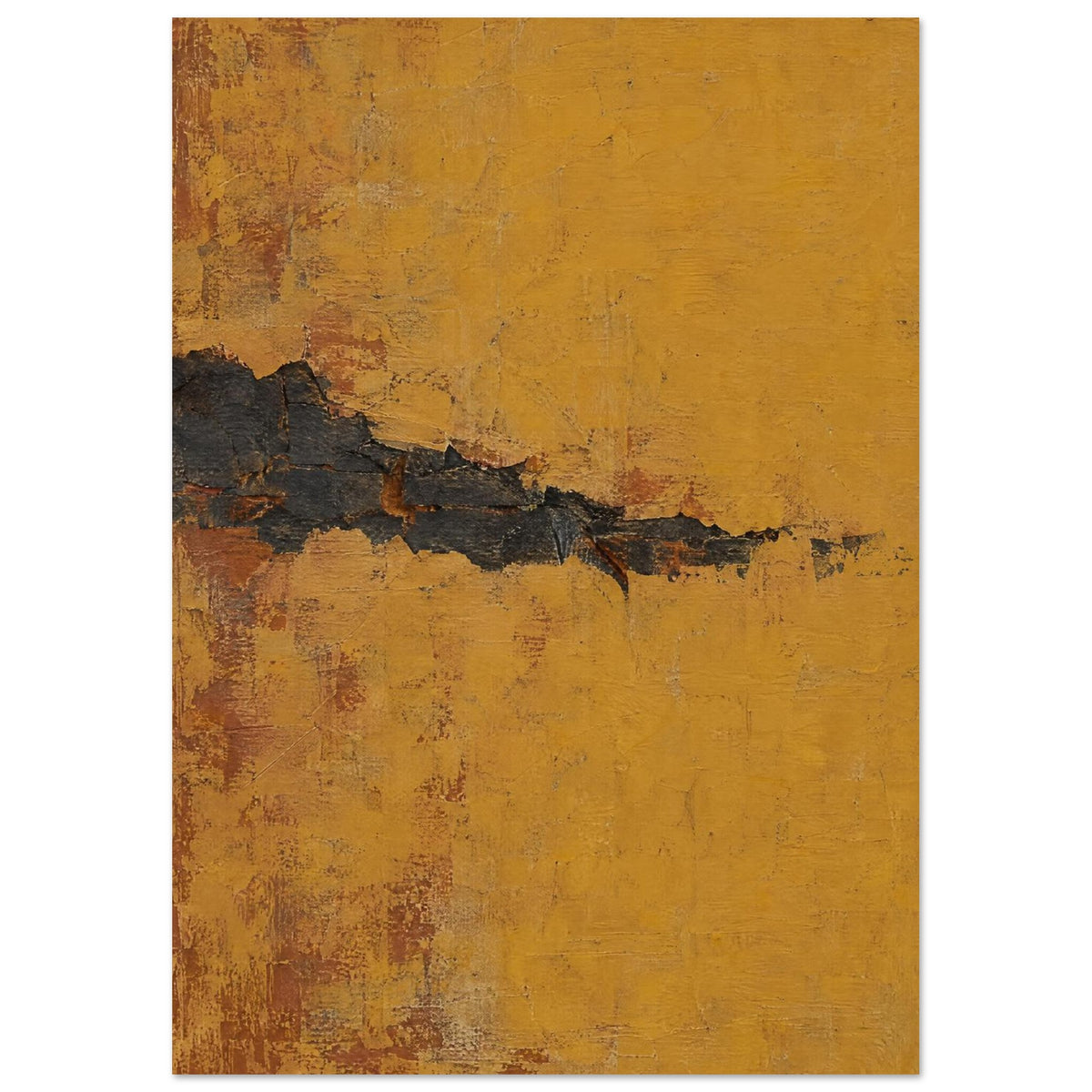 Jagged charcoal band across a mustard ochre field with scraped textures and rusty brown patches.