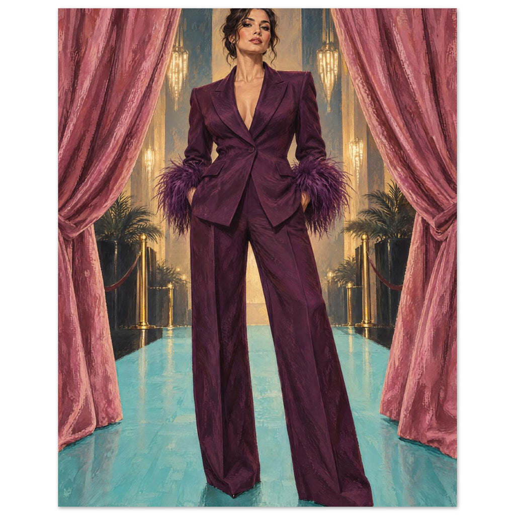 The Feathered Entrance shows a woman in a plum suit with feather-like cuffs standing between rose curtains on an aqua floor.