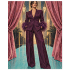 The Feathered Entrance shows a woman in a plum suit with feather-like cuffs standing between rose curtains on an aqua floor.