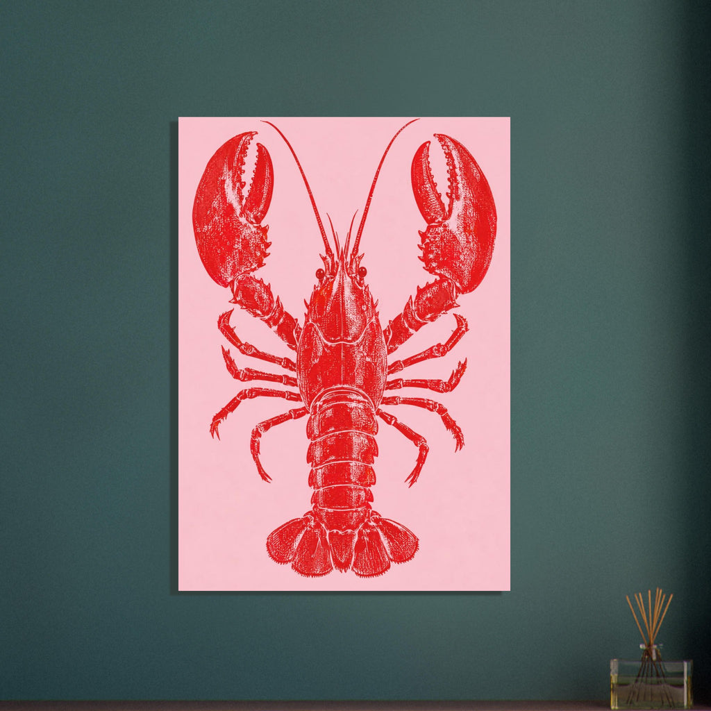 Red lobster with large raised claws, long antennae and a textured shell on a plain pink background.