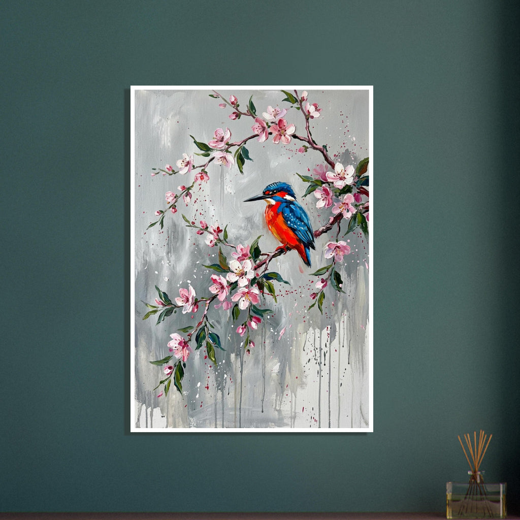 Blue and orange kingfisher perched among pink blossoms and green leaves against a grey background with paint drips.