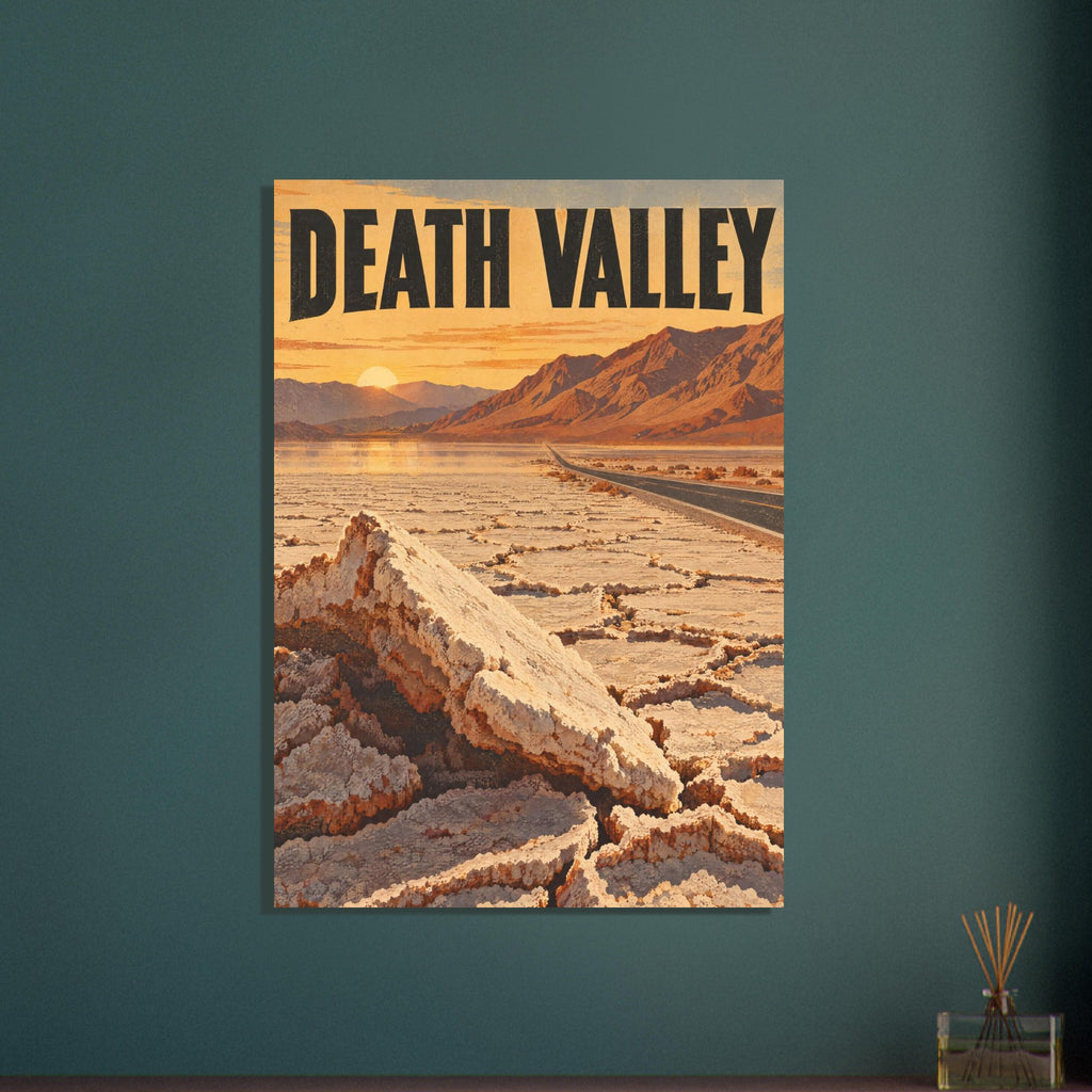 Death Valley lettering above sunlit mountains, a road crossing salt flats and large cream-coloured salt formations.