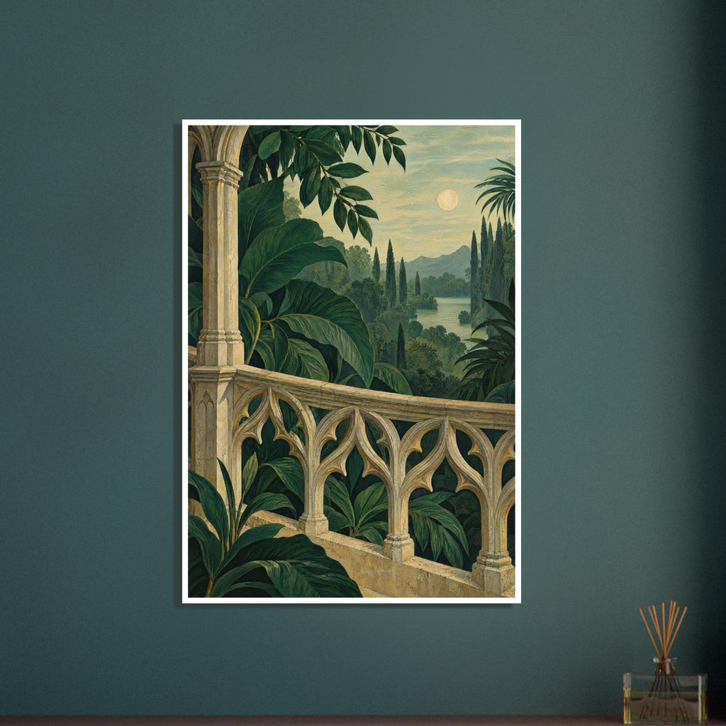 Lush green leaves surround an ornate stone balcony overlooking water, slender trees and distant mountains beneath a pale sky.