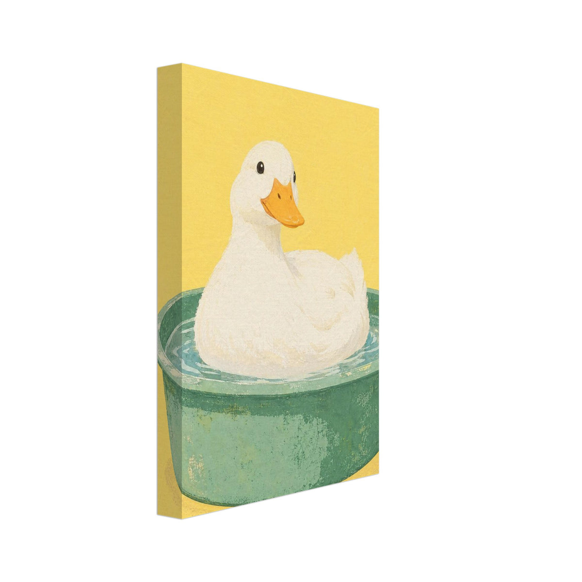 Cream-coloured duck with an orange bill bathing in a green tub of water against a textured yellow background.