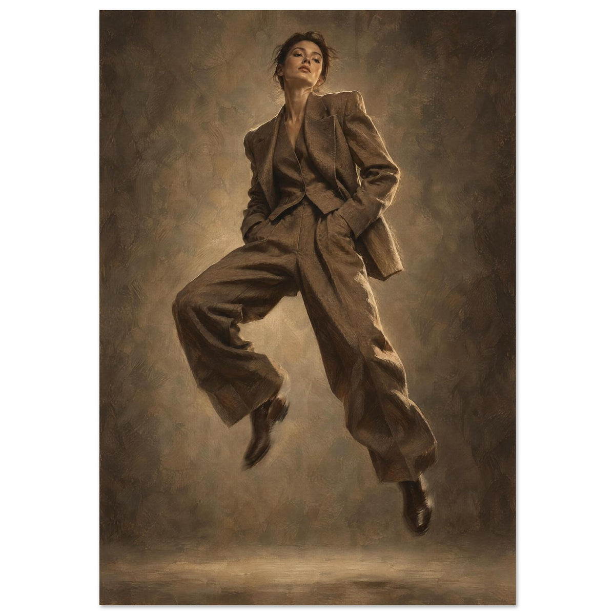 Suit in Suspension, a full-length model caught mid-jump in an oversized brown trouser suit against a sand-toned studio backgr