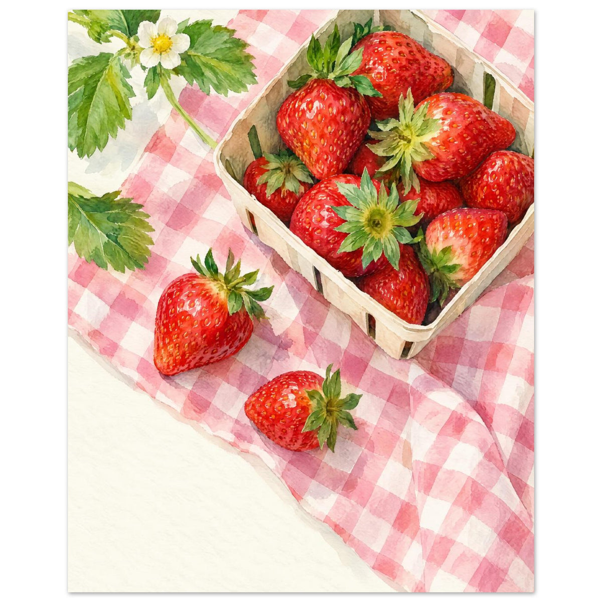 Strawberry Picnic shows a paper punnet of strawberries and two loose berries on pink gingham cloth, viewed from above.