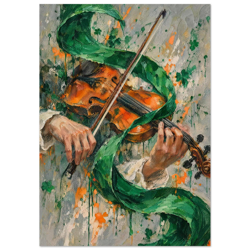 Violin played by two hands, with a diagonal bow and curling green ribbon against a grey, paint-splattered background.