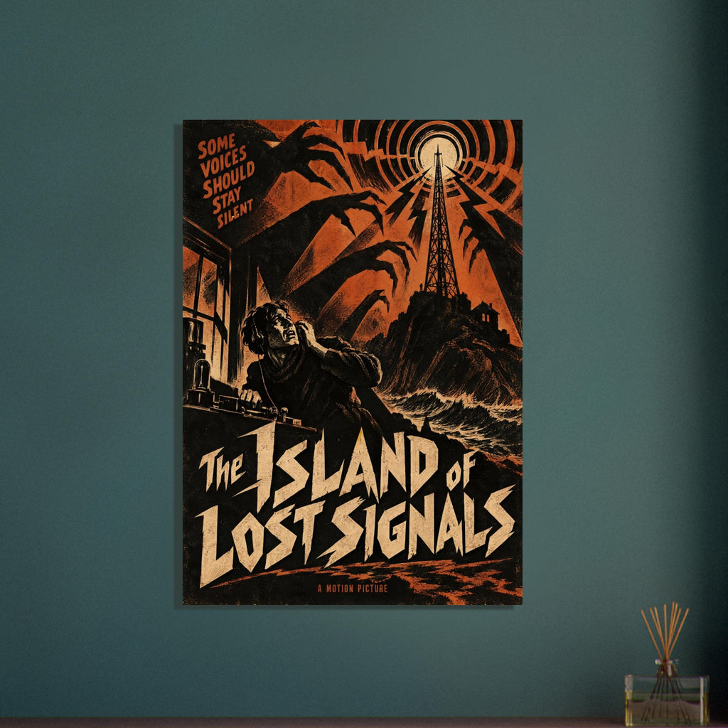 Radio tower above a stormy island, clawed shadows and a man at radio equipment in orange and black with horror lettering.